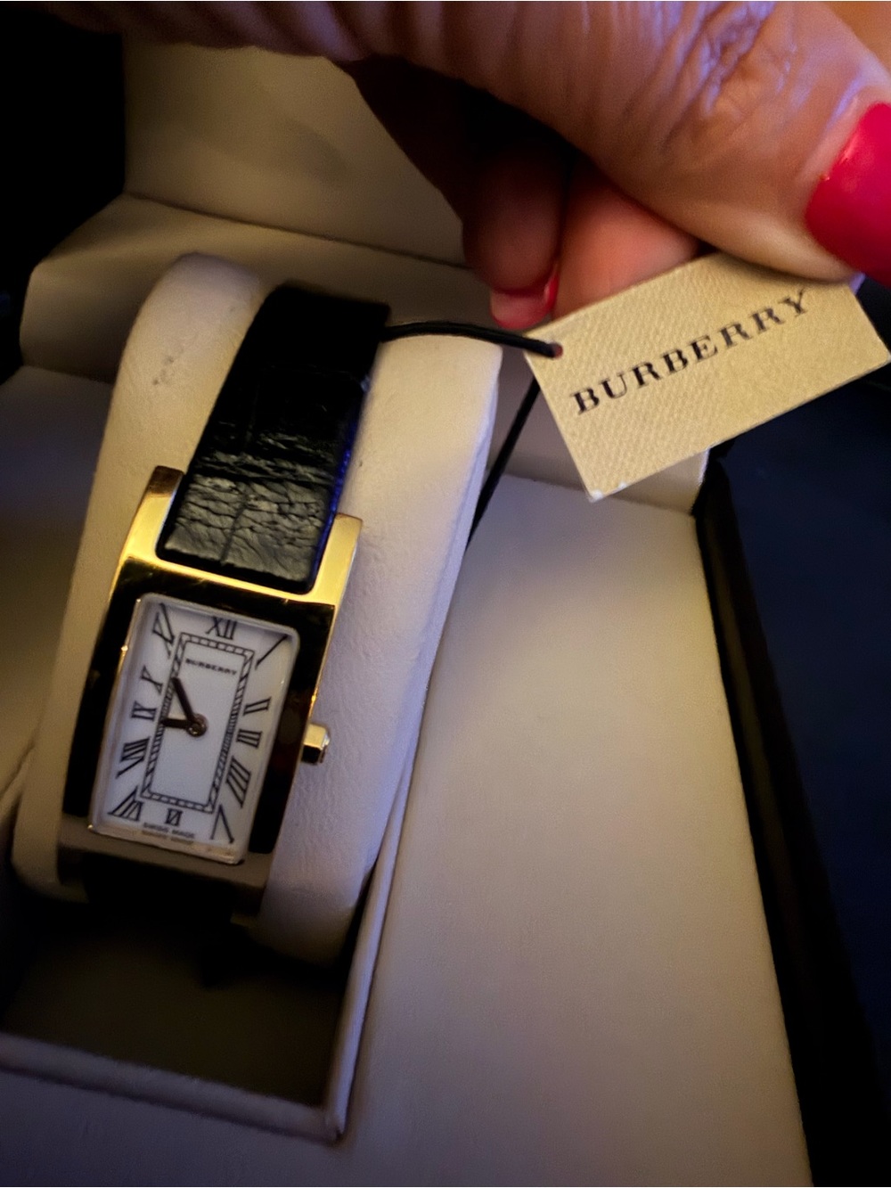 Woman’s Burberry Gold-Tone Rectangular Watch with Black Leather Strap with tag. - Picture 3 of 11